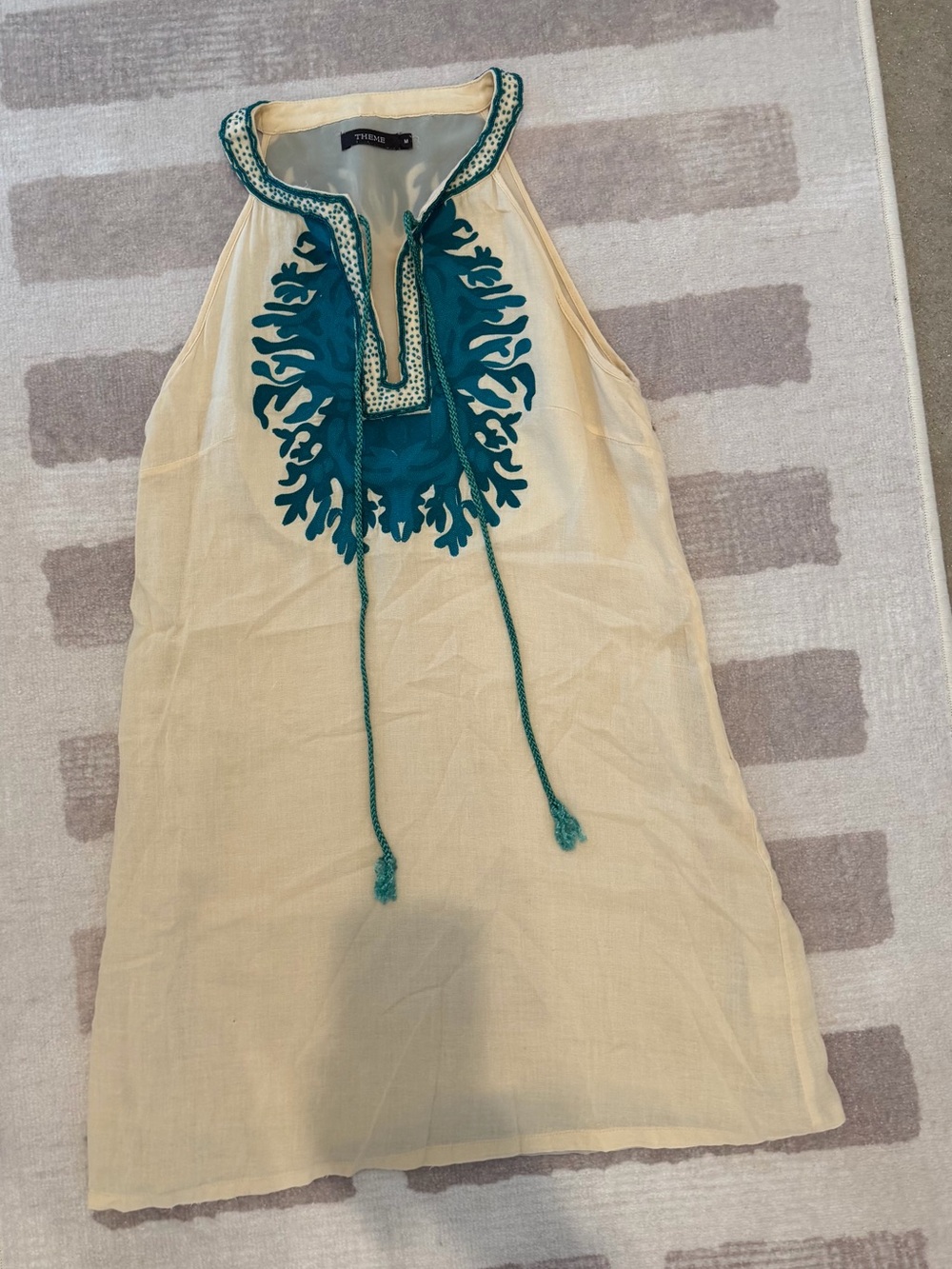 Sleeveless Ivory Tunic with Teal Embroidery
